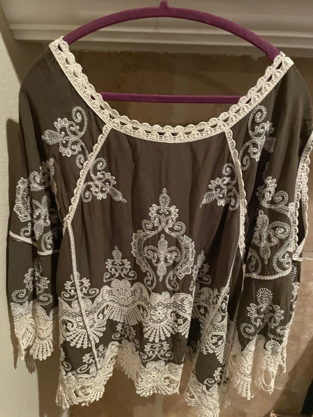 Democracy Brown Lace Open Shoulder Peasant Boho Festival Blouse L